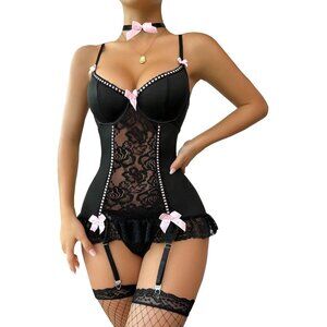 Sexy Floral Lace Garter Belt Babydoll Corset Push Up Teddy Lingerie Set